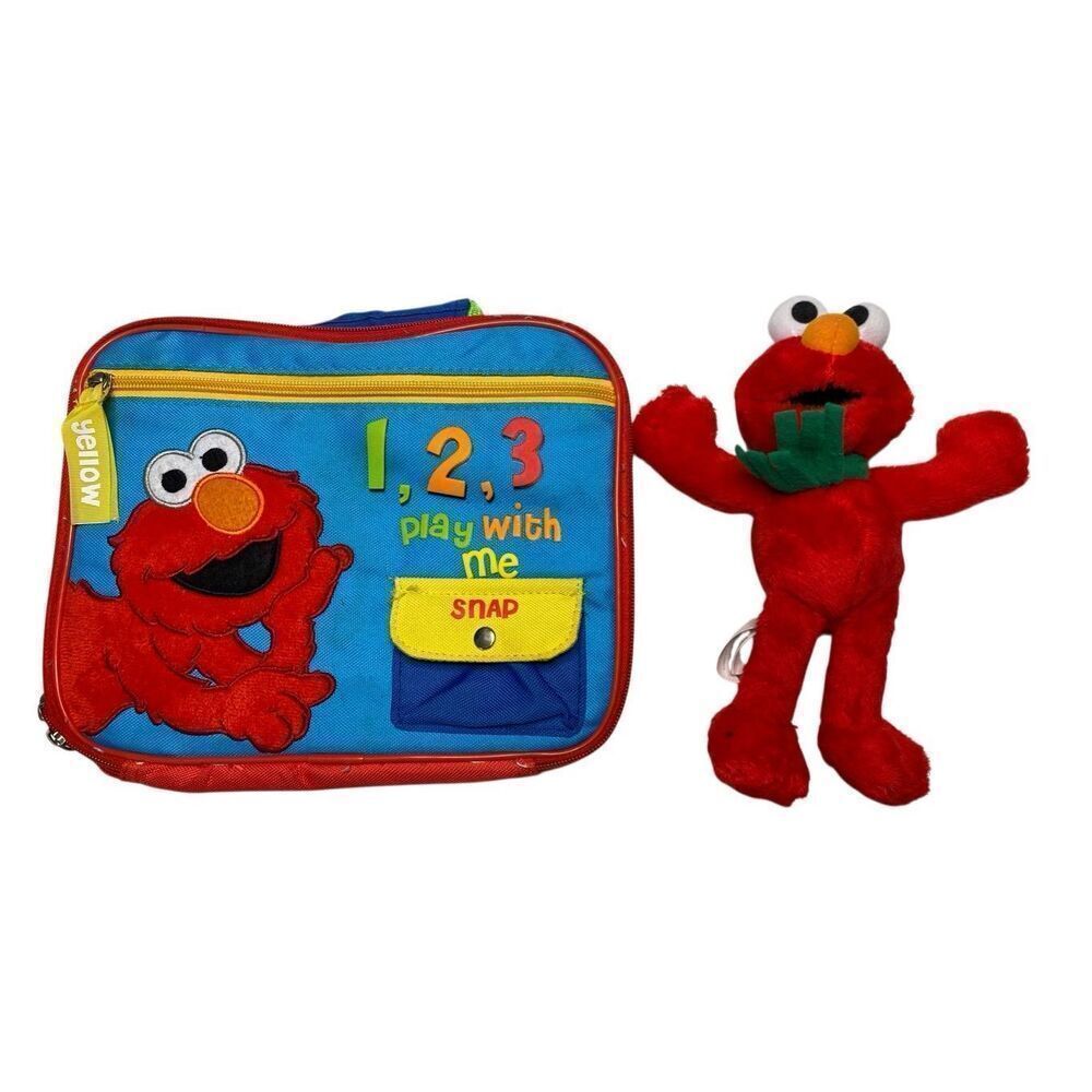 Lot of 2 Vintage Sesame Street Elmo Lunch Box Bag Stuffed Animal Plush Cartoon